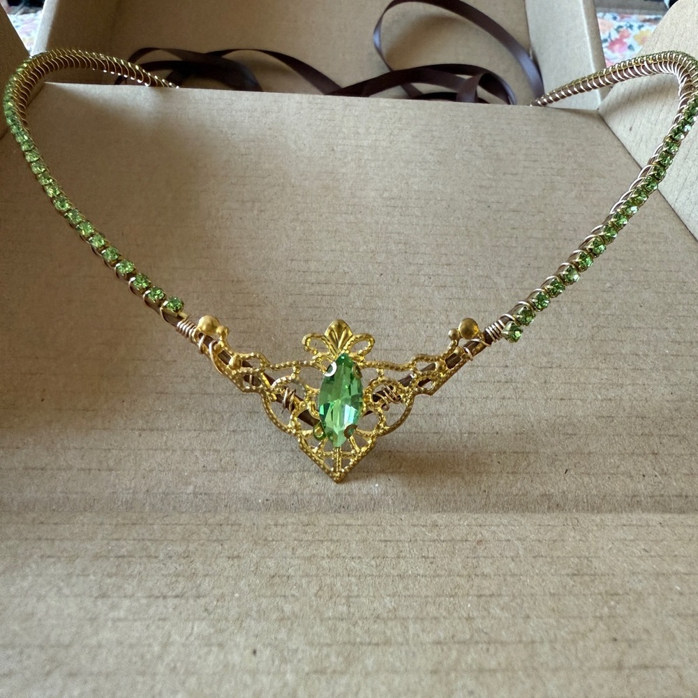 Gold Fantasy Crown Green Crystal Renaissance Cosplay Headpiece